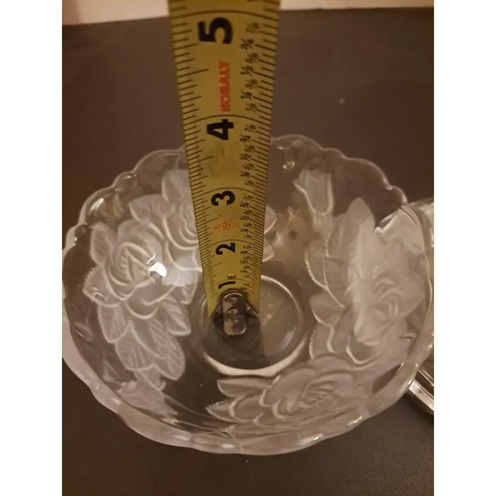 Vintage Beautiful Glass Candy Dish with Embossed Frosted Roses on Bowl and Lid